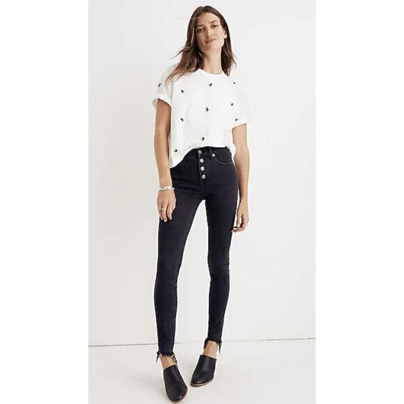Madewell 9" High Rise Skinny Women's Size 24 Black Button Fly Raw Hem Jeans - Picture 1 of 10
